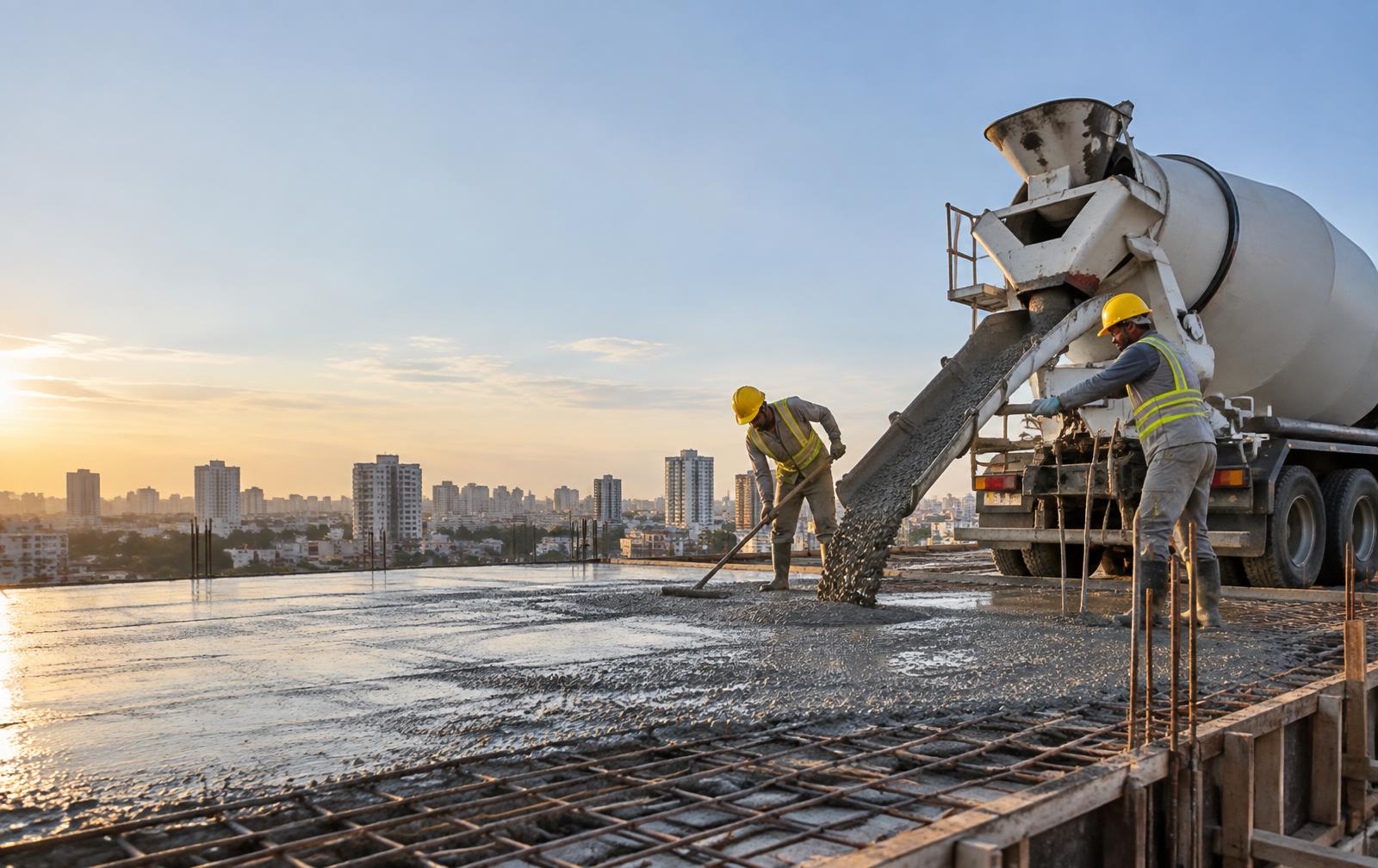 Equipe aplicando concreto usinado com caminhão betoneira em uma laje